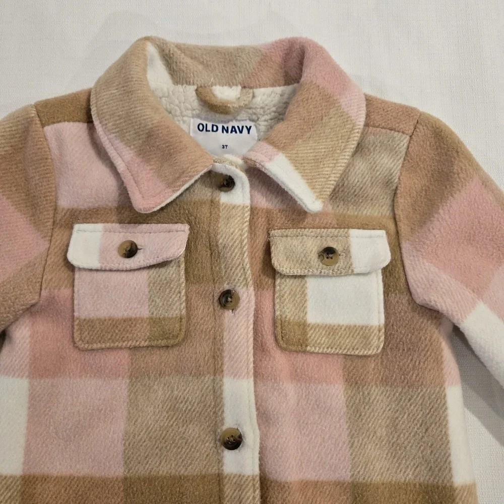 Old Navy Soft Sherpa-Lined Plaid Pink Tan White Jacket for Toddler Girls Size 3T